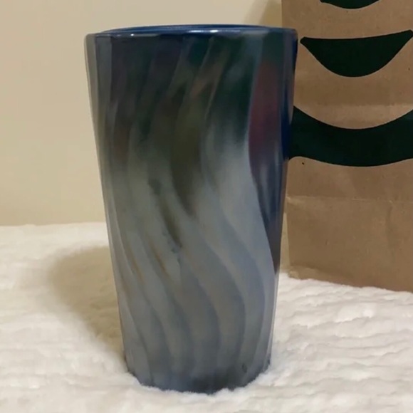 NEW STARBUCKS 2021 METALLIC BLUE SILVER SWIRL CERAMIC DOUBLE WALL TUMBLER 12oz - Picture 2 of 8